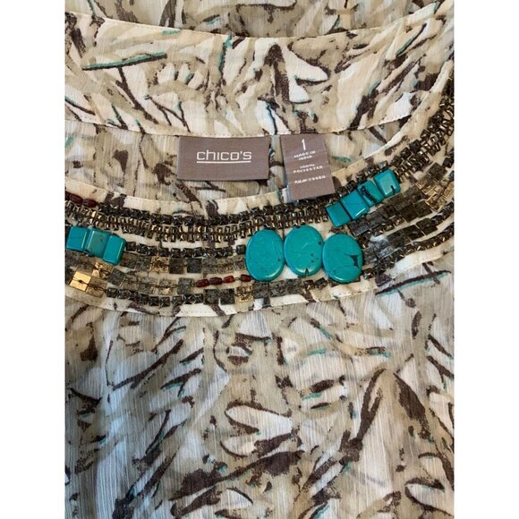 Chicos Womens Round Beaded Neck Quarter Sleeve Tan Geometric Sheer Blouse Medium - Picture 3 of 10